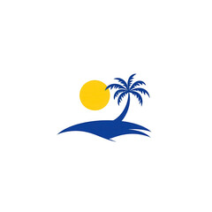 A vibrant tropical illustration featuring a palm tree and sun over a sandy beach, perfect for evoking a sense of relaxation and vacation.