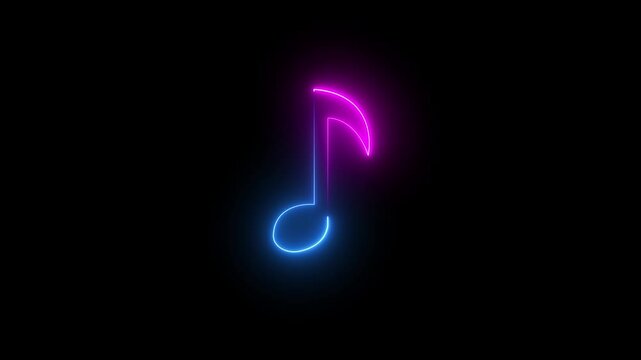 music icon animation. neon glowing single musical note icon motion graphics.  Neon line music icon sat animation on black background.