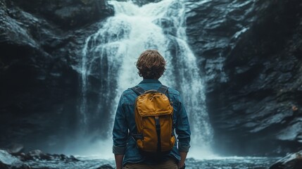 Obraz premium A person looking at a scenic waterfall with a backpack