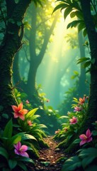 Fototapeta premium Sunlight filters through leafy undergrowth, illuminating jungle floor with vibrant ferns and colorful orchids, undergrowth, Exotic flowers