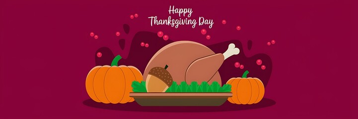 Fototapeta premium Festive Thanksgiving scene with a roasted turkey adorned with an acorn surrounded by green leaves two pumpkins and 'Happy Thanksgiving Day' text on a maroon background with red berries in the corner