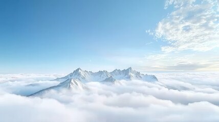 Obraz premium Majestic mountains rise above fluffy clouds under a clear blue sky, creating a serene and breathtaking scene.