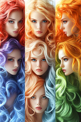 Obraz premium Collage of women with diverse, vibrant, curly hair and captivating blue eyes