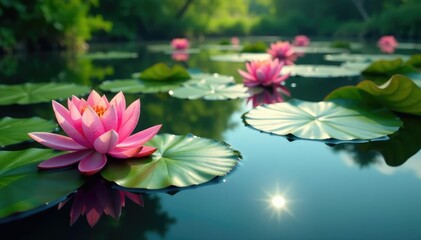 Water lilies forming a natural floral pattern across a still lake, texture, art