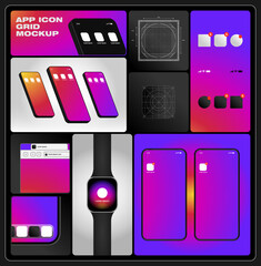 App icon mockup on multiple devices, including smartphones and smartwatches. Digital template with gradient backgrounds, notifications, and grid guides for app design.