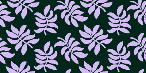 Obraz premium Beautiful black purple seamless foliage pattern, exotic leaves floral pattern design for background, cover, fabric, textile, wallpaper.