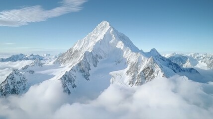Obraz premium Majestic snow-covered mountain peak rising through clouds against a clear blue sky.