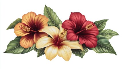 Decorative vector illustration of a cluster of hibiscus and plumeria flowers, displaying rich hues and fine detailing, placed against a plain white backdrop for a fresh and tropical effect illustrati