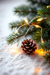 Branche de sapin avec guirlande lumineuse et pomme de pin &ndash; d&eacute;tail festif d&rsquo;hiver