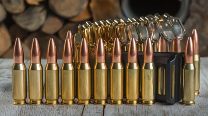 Ammunition arranged on a wooden surface