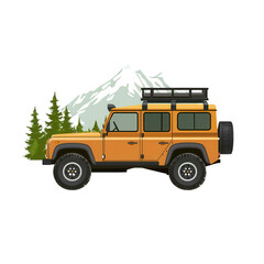 Obraz premium An orange off-road vehicle designed for adventure, surrounded by greenery and mountains in the background, ideal for exploring wilderness and outdoor activities.