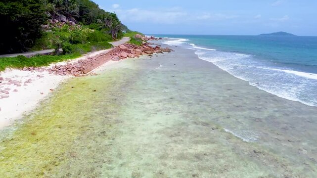 Aerial view of Anse Fourmis in La Digue island. Seychelles, Indian Ocean