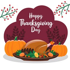 Festive Thanksgiving scene with a roasted turkey adorned with an acorn surrounded by green leaves two pumpkins and 'Happy Thanksgiving Day' text on a maroon background with red berries in the corner