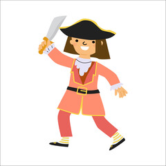 Illustration of young female pirate in costume with sword and hat.