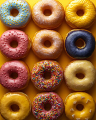 Colorful donuts arrayed on yellow