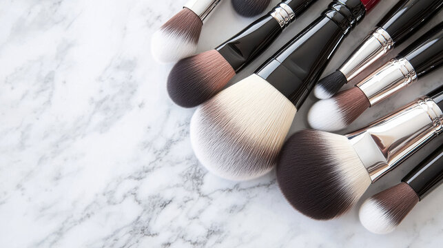 Elegant makeup brushes arranged on a stylish marble surface for beauty enthusiasts.