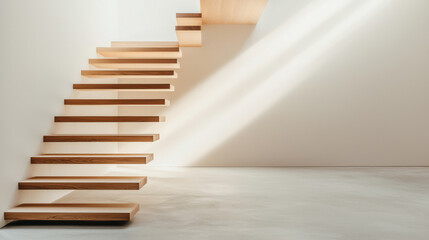 Naklejka premium Elegant wooden staircase with soft lighting creating a modern, minimalist aesthetic.