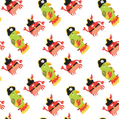 Pirate parrot and crab pattern with hats on white background.