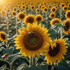 Fototapeta premium A close-up view of a blooming sunflower crop with bees buzzing around.