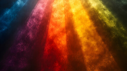 Colorful, hazy rays emanate upwards from darkness, creating a vibrant, textured scene