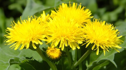 Naklejka premium Vibrant Yellow Dandelions Blooming Closeup Photography