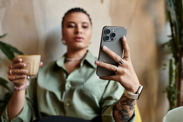 Young woman enjoying coffee while using her smartphone at a cozy cafe
