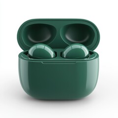 Modern wireless earbud case with earbuds inside, emerald green, isolated on white background