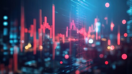 Abstract glowing big data forex candlestick chart on blurry city backdrop. Trade, technology, investment and analysis concept. Double exposure