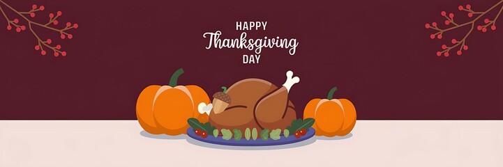 Festive Thanksgiving scene with a roasted turkey adorned with an acorn surrounded by green leaves two pumpkins and 'Happy Thanksgiving Day' text on a maroon background with red berries in the corner
