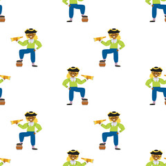 Seamless pattern of pirate-themed cartoon characters in colorful outfits with telescopes.