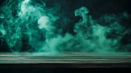 Wooden Table with Teal Smoke Background