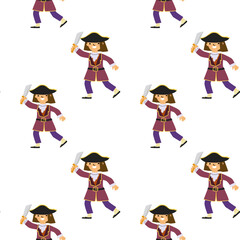 Seamless pattern of young female pirates with swords in hand and tricorn hats.