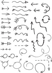 set of arrows hand drawn with brush black curved lines, line arrows, spiral arrows, swirl arrow, dotted arrows, growth arrow