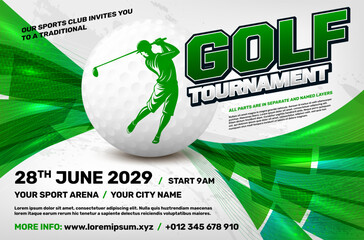 Golf tournament poster template with ball and dynamic shapes