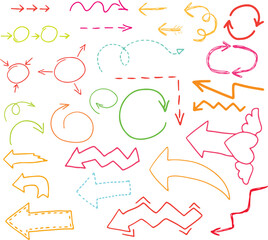 set of hand drawn arrows with brush colorful curved lines, dotted arrow, growth arrow, arrow with heart, line arrows