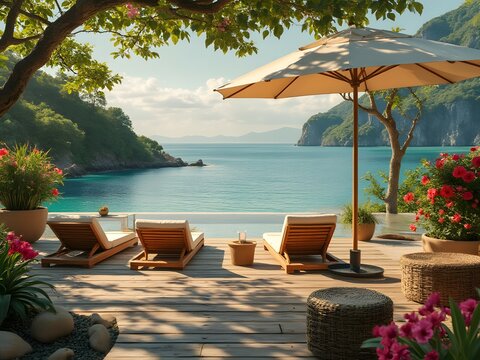Idyllic beachside resort view, infinity pool and sea backdrop, summer vacation vibes. Serene waterfront escape, sun loungers and umbrella, paradise destination photography