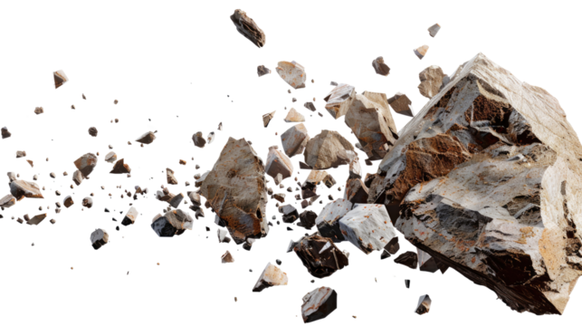 Shattered Fragments: A dynamic composition of fragmented rocks captured in motion, emphasizing the raw power and texture of geological elements.