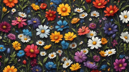 Multicolored Meadow Flowers Randomly Scattered on a Dark Textured Surface, Top-Down View, Realistic Light and Shadows, and Rich Tones
