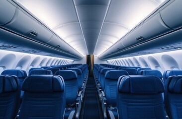 Fototapeta premium Empty Airplane Cabin Interior with Blue Seats