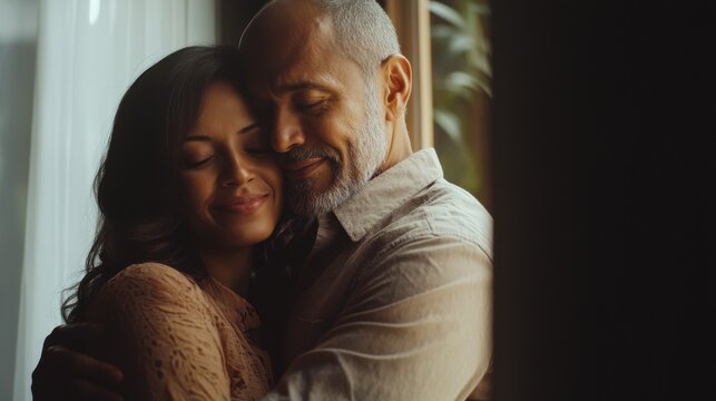 Smiling mid adult couple hugging each other and standing near window while looking outside. Happy and romantic mature man embracing hispanic wife from behind while standing at home with copy space.