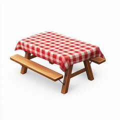 Picnic table with a checkered tablecloth, isolated on white background