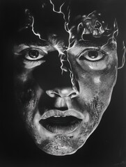 A black and white drawing of a man's face. The man's face is melting and his eyes are wide with fear.