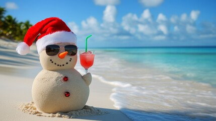 Sandy Snowman on Tropical Beach Celebrating Christmas in Paradise, Rest and Travel Concept.