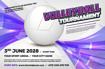 Volleyball tournament poster template with ball and dynamic shapes