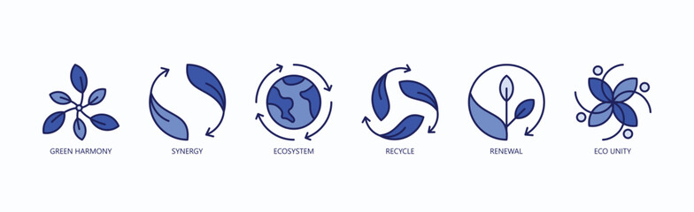 Sustainable Synergy Icon Set Isolated Vector With Icon Of Green Harmony, Synergy, Ecosystem, Recycle, Renewal, Eco Unity In Blue Style