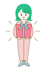 プレゼントを差し出すかわいいスーツの女性の全身イラスト　特典の告知に便利なイラスト