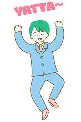 ジャンプをして喜んでいるスーツの男性のイラスト　ポップで可愛いイラスト