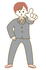腰に手をあて前に向けて人差し指を突き出す全身のスーツの男性のイラスト