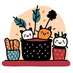 Naklejka premium Cute Cartoon Cats in Pots with Breadsticks Autumnal Illustration