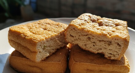 Pile of Crispy Fried Tofu Cubes on White Plate Outdoors